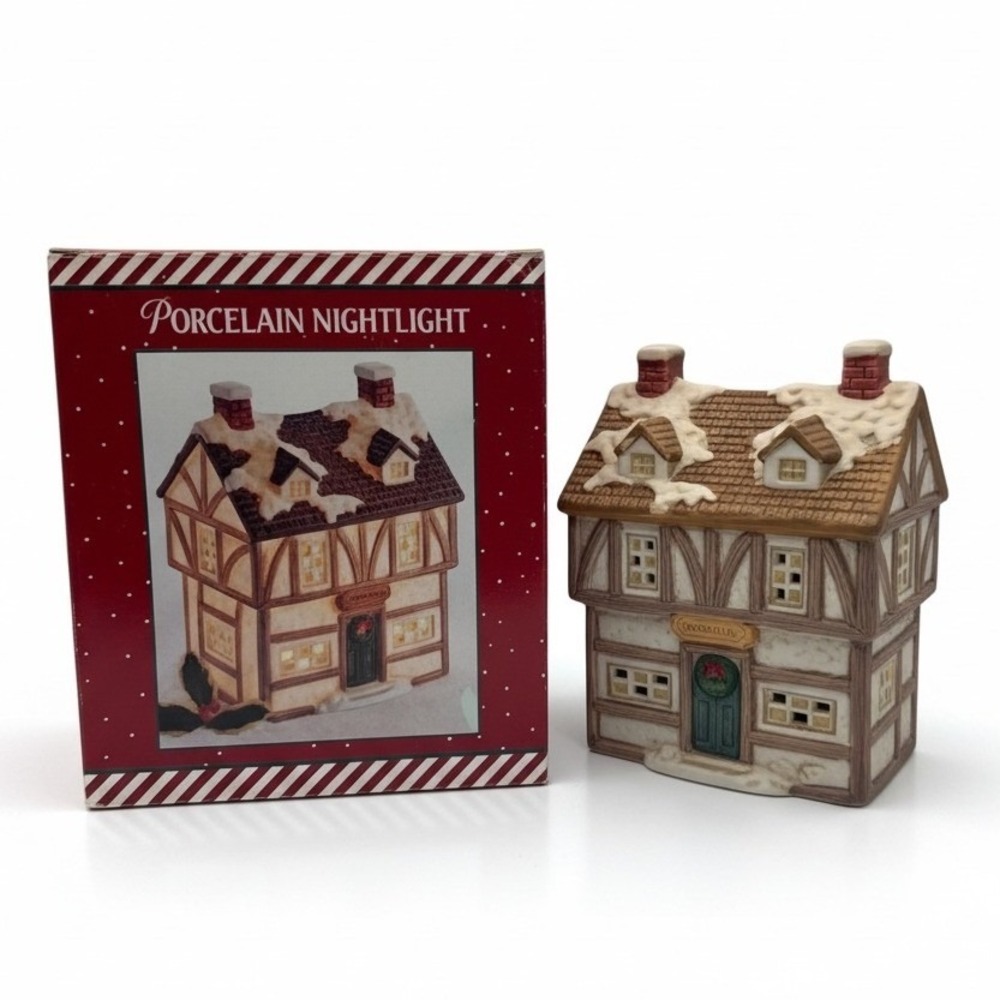 Vintage Porcelain Tudor Inn Village House Christmas Nightlight 1990s Boxed